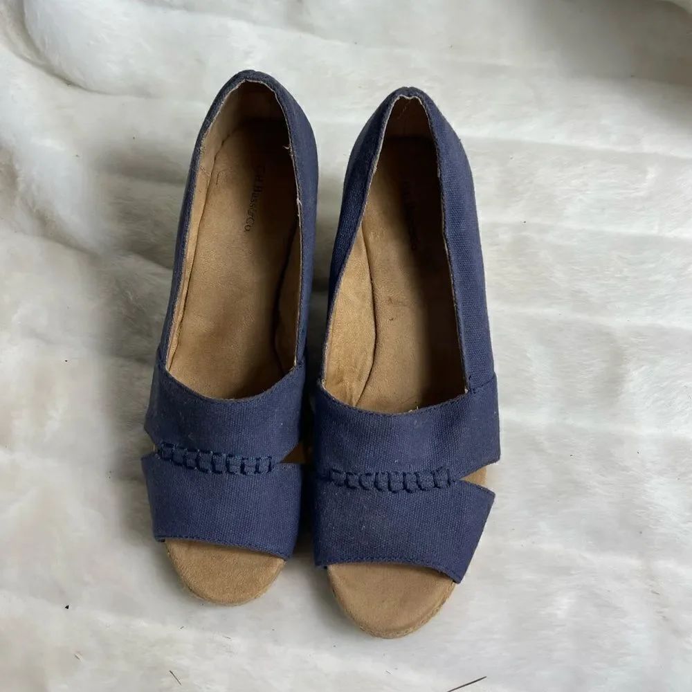 G.H Bass & Co Navy Blue denim wedge espadrilles slip on peep toe SZ 9.5M